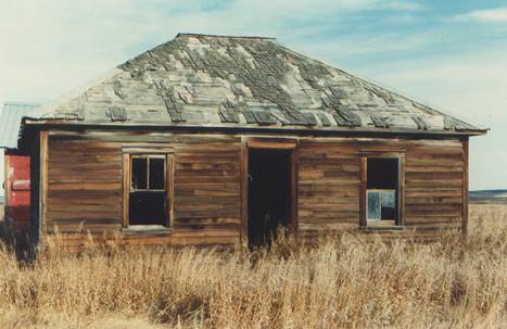 A wooden house in a field
Description automatically generated
